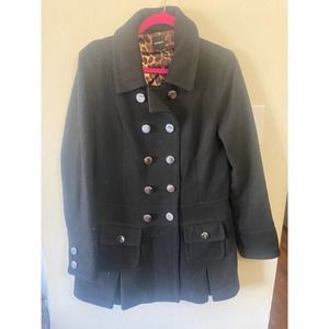 Express Womans Black Double Breast Pea Coat Pleated Wool Blend Large